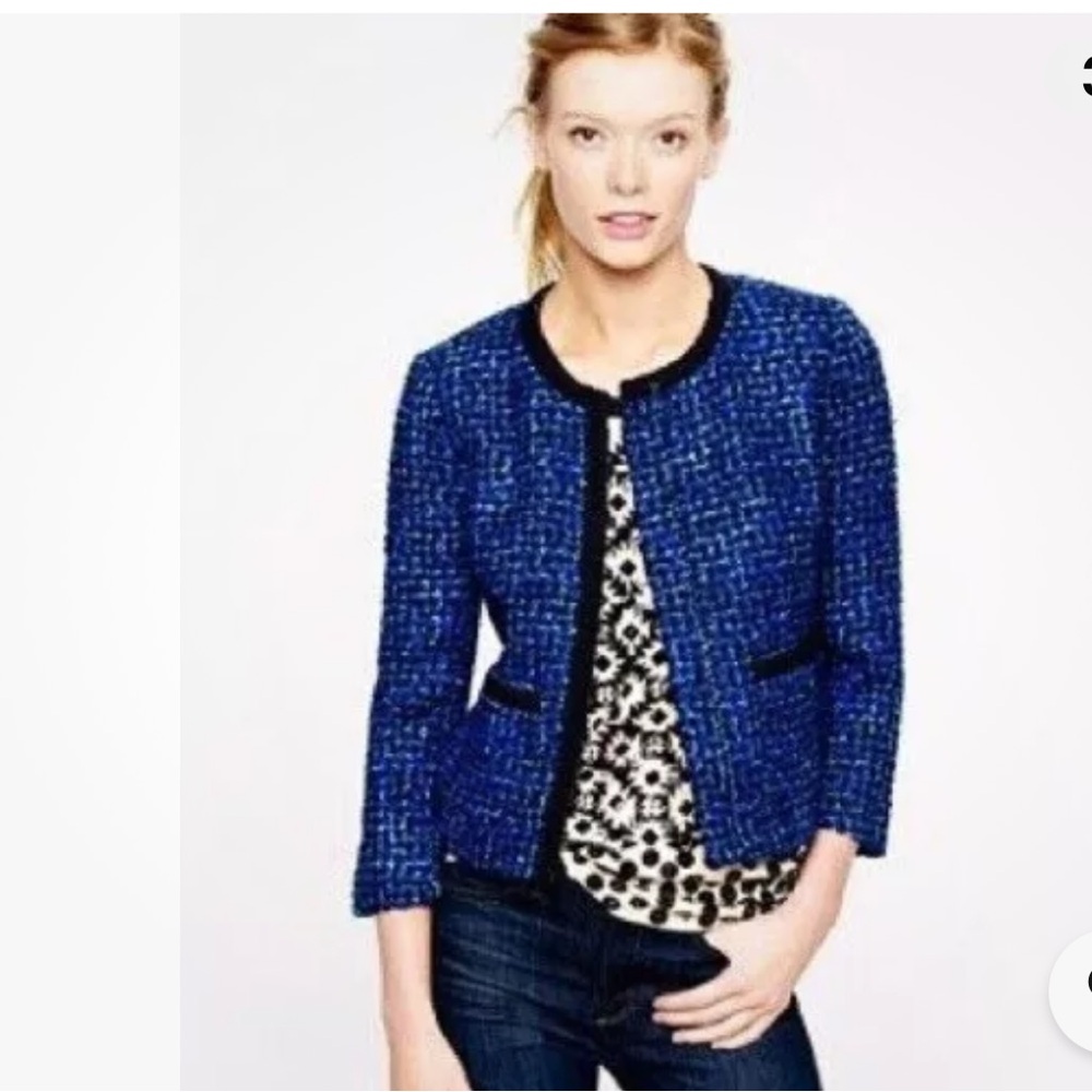 J crew tweeded lady crop jacket size 2 blue black office career preppy classic